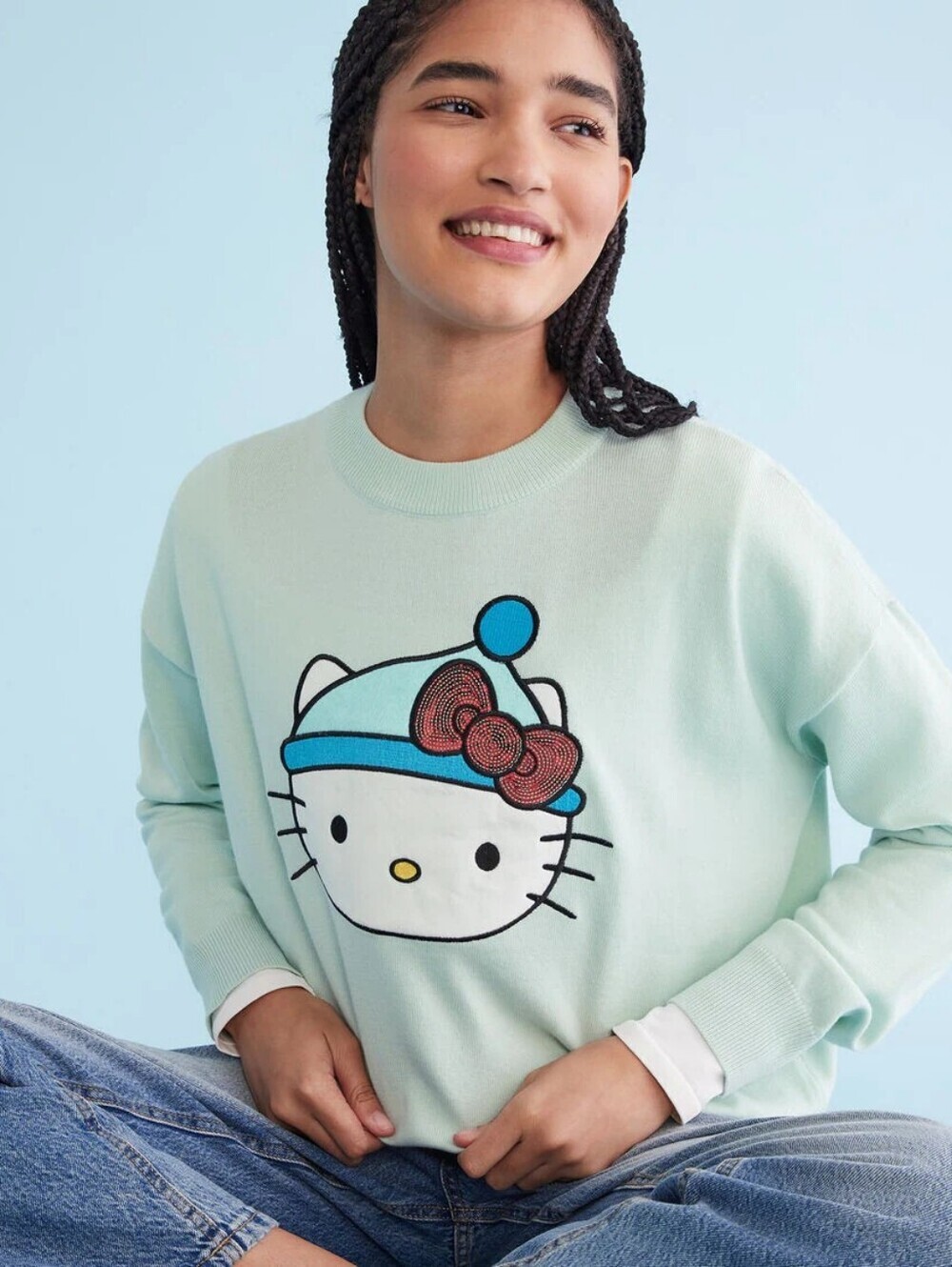 Aeropostale x Hello Kitty Mint Green Crewneck Sequin Bow Sweater Size Medium